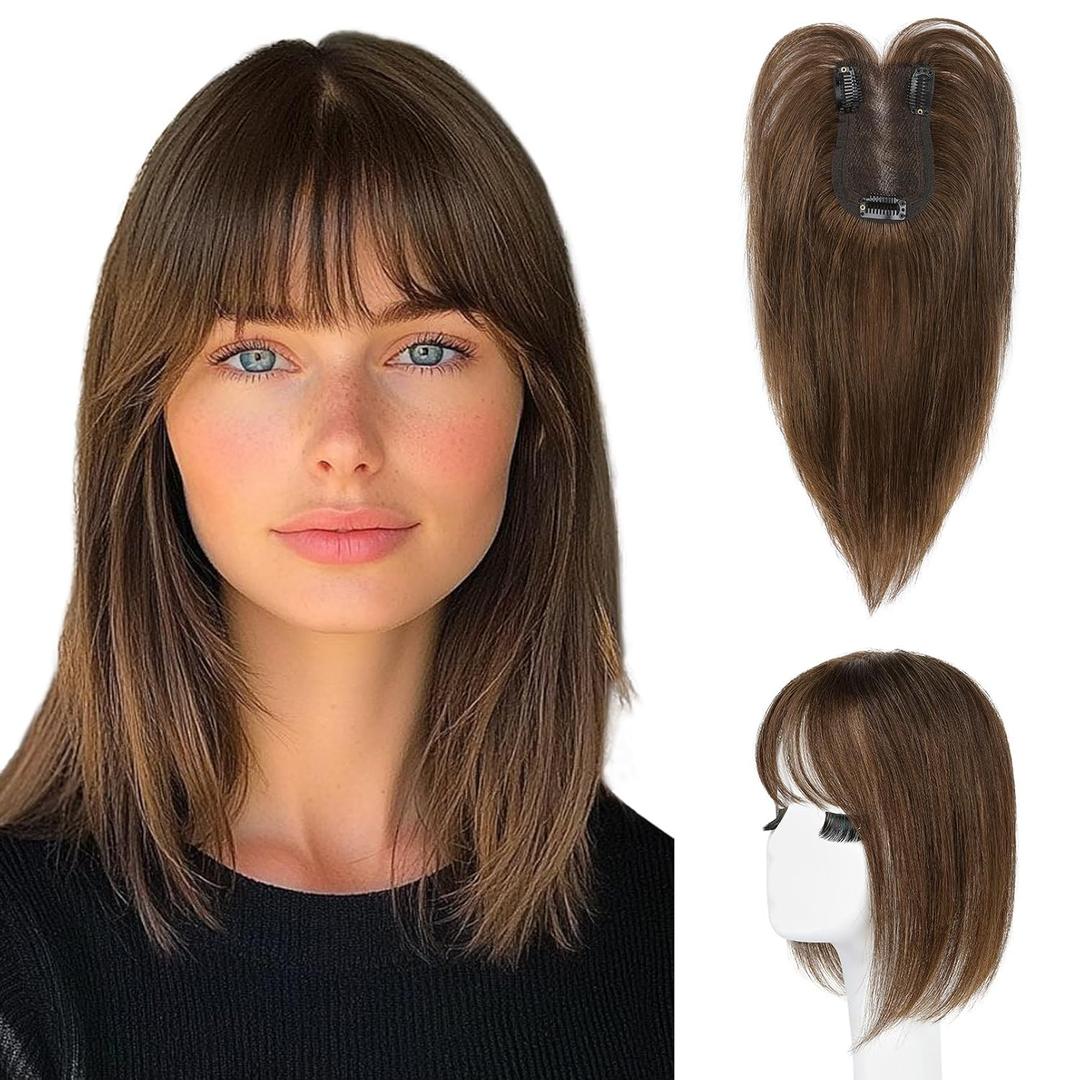 HOOJIH Real Human Hair Topper with Bangs for Women with Thinning Hair Large Base Handmade Invisiable Lace Topper Wig - Medium Brown (10 Inch)