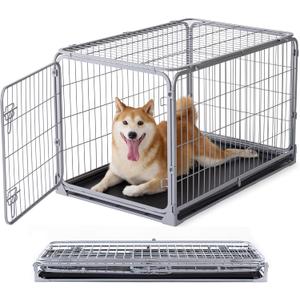 ZOMISIA Collapsible Dog Crate for Medium Dogs - 36 inch Escape Proof Metal Dog Kennel with Double Door, Easy Assembly Foldable Dog Cage with Removable Tray, Indoor Outdoor Use, Silver Gray