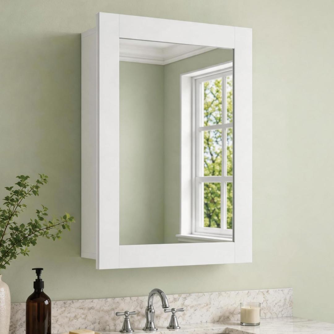 Buruis 24 x 30 Inch Bathroom Wood Medicine Cabinet Mirror, White | Fully Assembled Design, Adjustable Glass Shelves, Soft-Close Hinges, Bathroom Storage Organizer, Left/Right Opening
