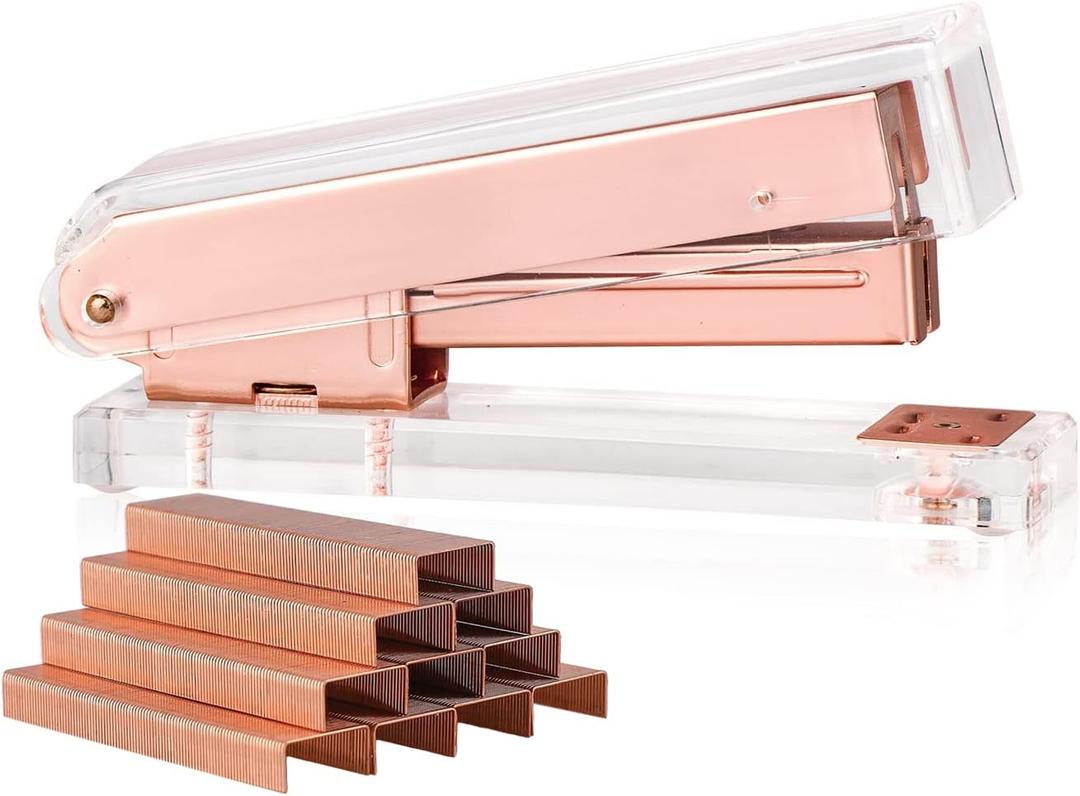 Elegant Ultra Clear Acrylic Rose Gold Desktop Stapler with 1000 Staples for Office Accessories(Rose Gold)