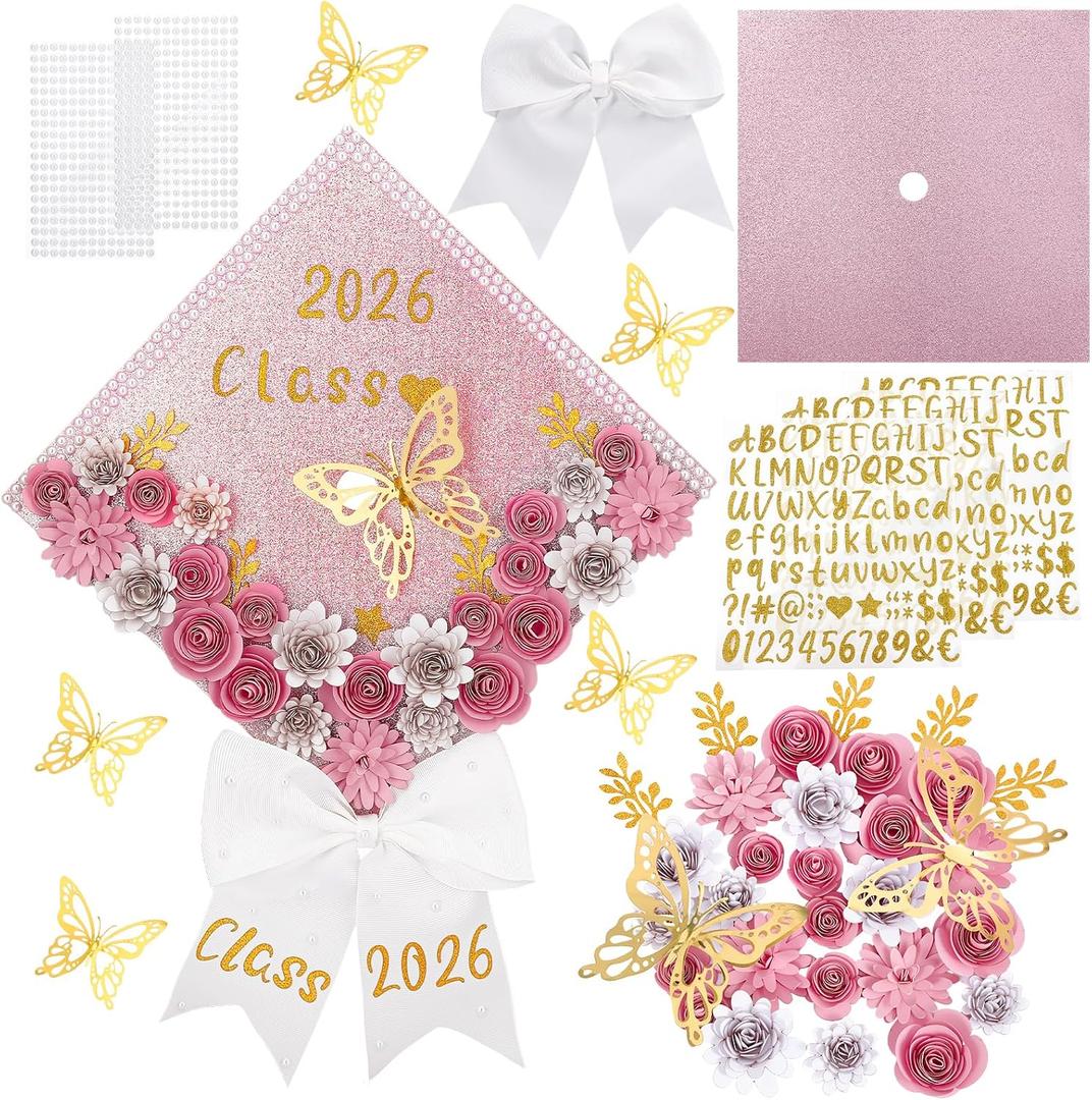 Ovveroche 63 Pcs Pink DIY Graduation Cap Decoration Kit, Grad Cap Topper with Paper Flowers, Bow, 3D Butterflies, Leave Pearl Letter Number Stickers for Personalized 2026 Grad Hat Decor