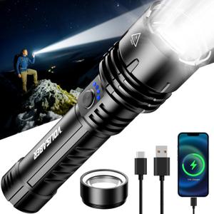 Flashlight 2000 High Lumens with Ignition Lens, Rechargeable Super Bright Zoomable LED Flash Light, 5 Modes Waterproof Handheld Powerful Tactical Flashlights for Camping Essentials Emergency