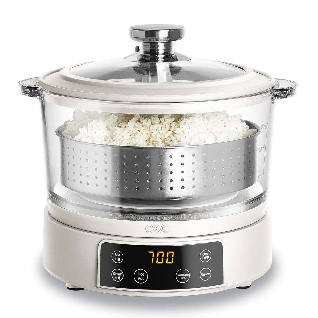 COOK WITH COLOR 3L Glass Mini Low Carb Rice Cooker  Holds 2 Cups Raw/Makes 6 Cups Cooked with Auto Lift Filter Basket, Hotpot & Steamer for Rice, Grains, Digital Panel with Keep Warm, Cream