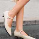Coutgo Womens Kitten Low Heels Dress Shoes Mary Jane Ankle Buckle Strap Pumps Party Wedding Elegant Shoes (Beige)