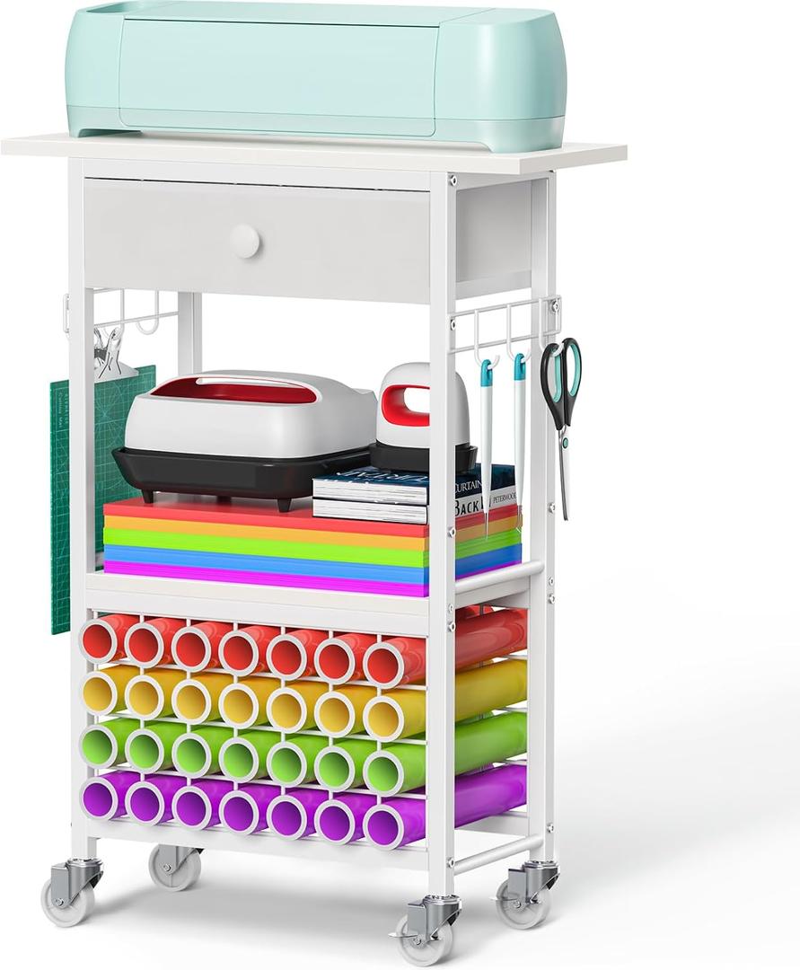 Snughome Craft Cart Compatible with Cricut Maker, Craft Organizers and Storage Table for Cricut Cart with Wheels, Drawer and 28 Vinyl Roll Holders, White, 23.6"(L) x 9.5"(D) x 31.7"(H)