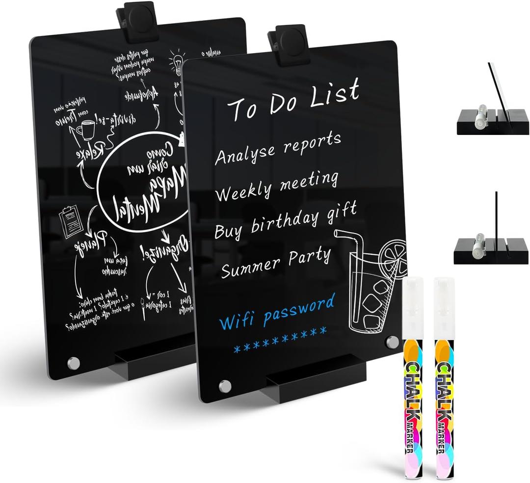 2 PCS Desktop Black Dry Erase Board with Stand - 12 x 8 Small Acrylic Black Board with Marker and Magnetic Clip, Reusable Desk Notepad, to-Do List, Menu Board Signs for Bar, Office, Home