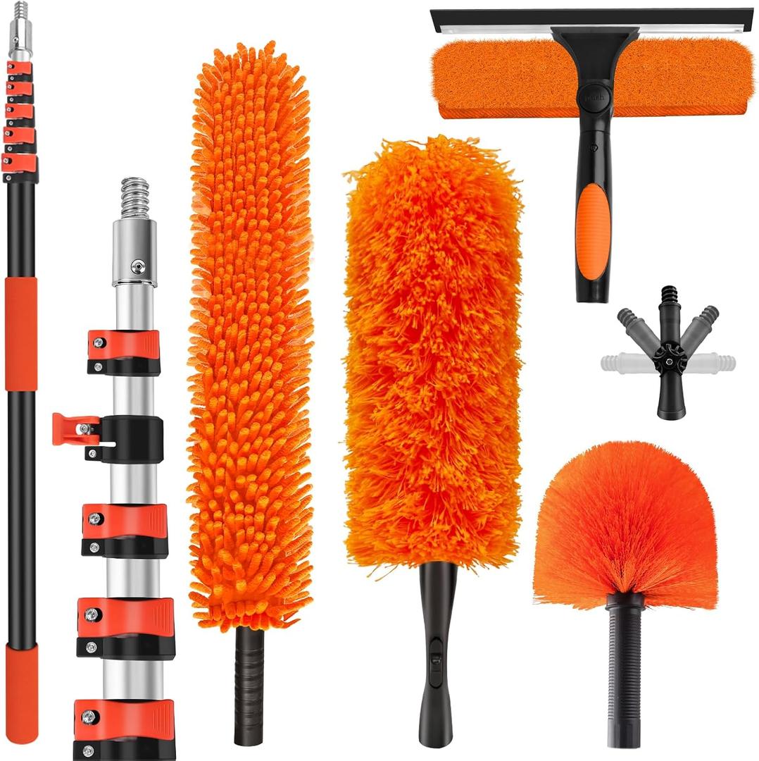 30FT High Reach Duster Cleaning Kit with 5-24 FT Extension Pole,High Ceiling Dusting and Window Cleaning Kit with Microfiber Feather Duster,Cobweb Duster,Ceiling Fan Duster,Window Squeegee Cleaner