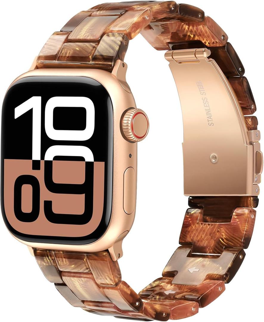 V-MORO Resin Bands Compatible with Apple Watch Series 8/9/10/11 Band 46/45/44/42mm Rose Gold Buckle Fashion Lightweight iPhone Watch Strap Wristband for iwatch Series 7/SE/6/5/4/3/2/1(Golden Brown)