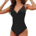 Charmo Tummy Control One Piece Swimsuits for Women Ribbed Ruched Bathing Suit V Neck Strappy Monokini (Large, 1a#black)