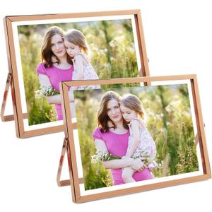 Golden State Art 2 Pack 6x8 Inch Metal Picture Frames for 5x7, 4x6 Floating Photos, with Real Glass and Pull-Out Easel Stand for Tabletop Display (Horizontal) - Rose Gold