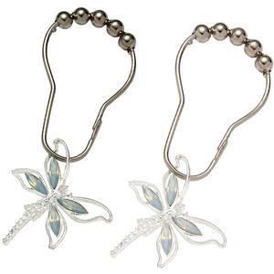 Crystal Dragonfly Shower Curtain Hooks - Brushed Nickel Rings with Rhinestones Dragonfly Pendant, Rust Proof Silver Metal Curtain Hangers (Silver) 12 Pcs
