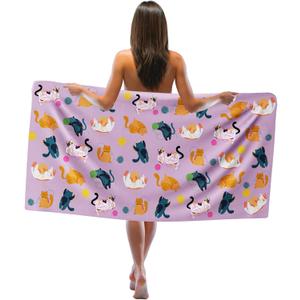 Cute Cat Beach Towel, Purple Cats Sand Beach Towels Gifts for Cat Lovers Kids Girls Women, Funny Cats Quick Dry Bath Pool Towels for Bathroom Swim Travel, Kids Bathroom Decor, 30x60 in