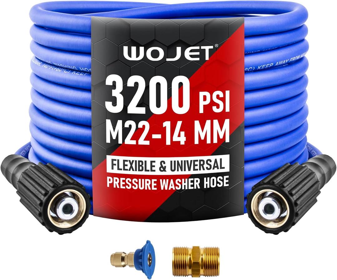 WOJET Pressure Washer Hose 25ftx1/4, Ultra Flexible Power Washer Hose with M22 14mm Non-leak Thread Fitting, High Pressure Hose fits Electric Power Washers, Replacement Hose for Ryobi Models, 3200PSI