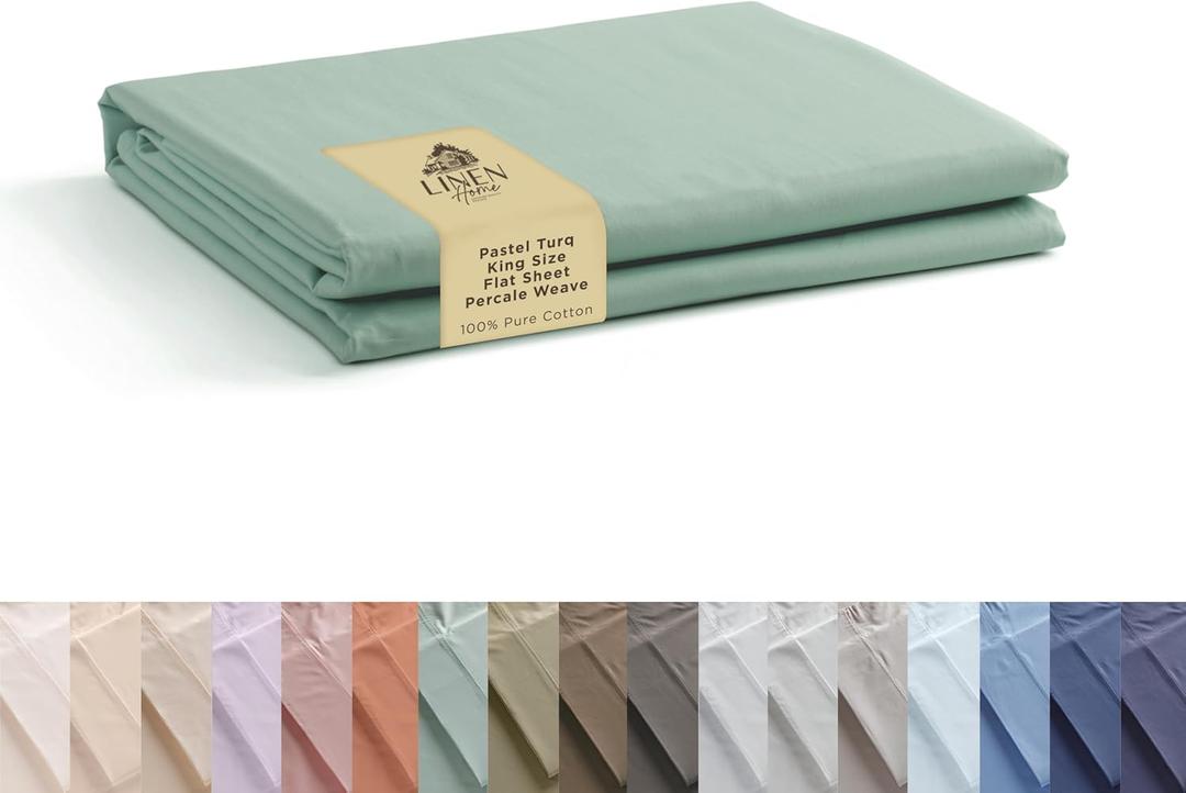 Linen Home 100% Cotton Percale 1 Flat Sheet, King Size - Crisp, Cool and Strong Bed Linen, Luxury Breathable Sheet, Pastel Turk