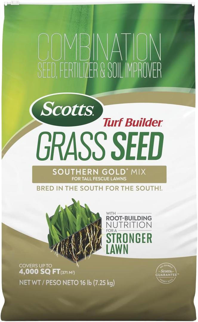 Scotts Turf Builder Grass Seed Southern Gold Mix for Tall Fescue Lawns - Tall Fescue Grass Seed Plus Lawn Fertilizer and Soil Improver, Covers Up to 4,000 sq. ft., 16 lb.
