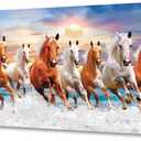 Wall Art Canvas Painting Horses Running Blue Sky 1 Piece Seven Horses in The Water Sunset Background Picture Poster Print Framed and Stretched Ready to Hang for Living Room Bedroom, 58"L x 29"W