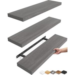 BAYKA Floating Shelves for Wall, 22.5 inches Wall Mounted Rustic Wood Shelves for Bathroom, Bedroom, Living Room, Floating Shelves for Books/Storage/Decor (Grey,Set of 3) (E. Grey - Industrial Edge Style)