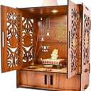 Wooden Temple Mandir for Home with Door Cabinets | Beautiful Pooja Unit with Storage Space | with LED Light and Wall Mounts | Elegant Pooja Mandir for Home Big Size(H-17.3, L-11, B-10.6 inch)