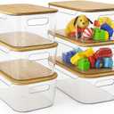 6 Pack Clear Storage Bins with Bamboo Lids, Stackable Organization and Storage Containers with Handle for Pantry, Cabinet, Closet, Fridge, Bathroom, Organizer Bins for Home & Kitchen