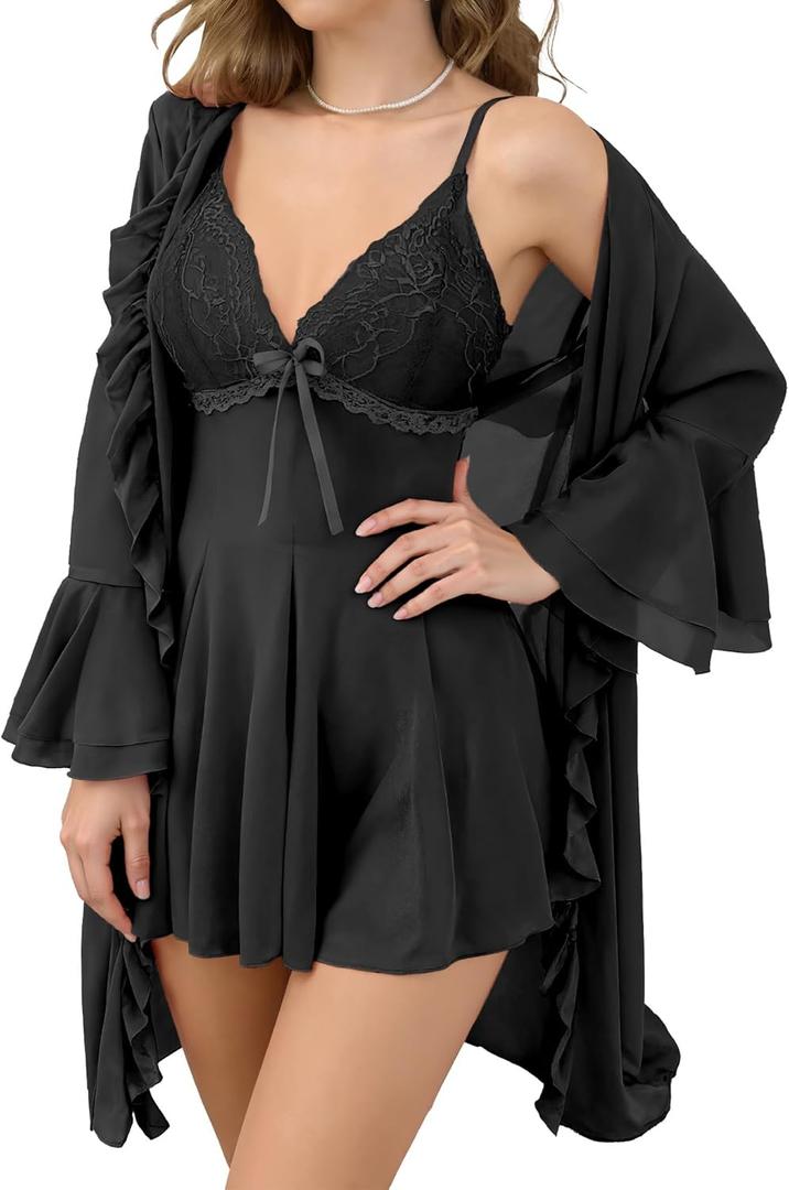 FEOYA Women Lingerie Set 2 Piece Lace Mesh Sleepwear Mesh Cami Nightgown Lingerie Set (X-Large, Black)