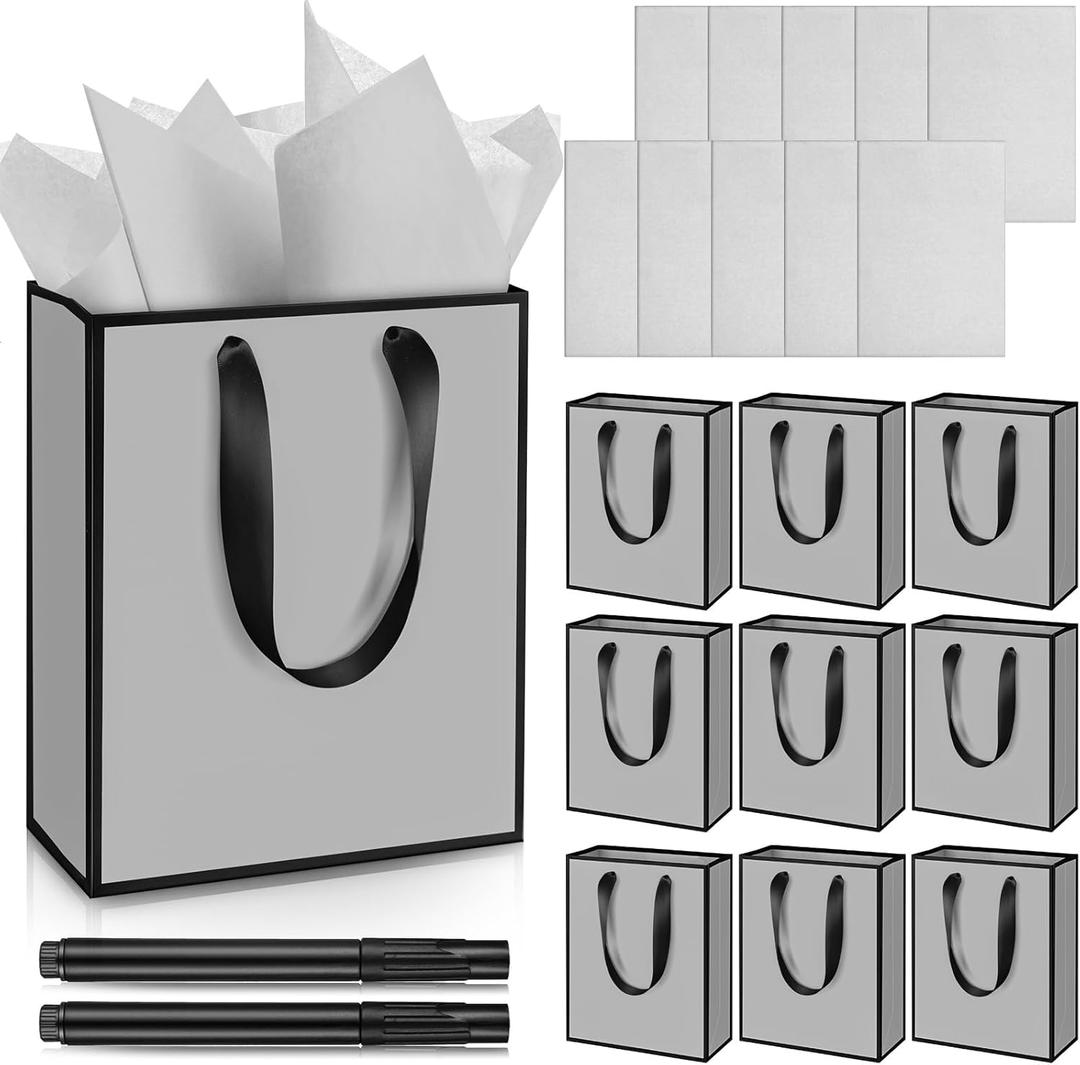 Yeaqee 10 Pack Metallic Paper Gift Bags with Handles Tissue Paper Thank You 5 Senses Gift Bag for Birthday Wedding Baby Shower Groomsmen Bridal Anniversary Favor 9 x 7 x 3.15''(Grey, Black)