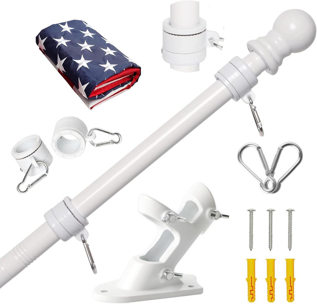 NELXINJO 5FT Flag Pole with Bracket and 3x5 Embroidered US Flag,Professional Stainless Steel No Tangle Spinning Pole and Flag Pole Kit with Bracket for Residential or Commercial
