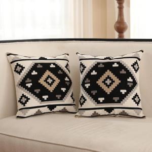 IKATYARN Pack of 2 Black White Gray Brown Southwestern Embroidery Throw Pillow Cover, Boho Tribal Geometric Pillowcase, Modern Farmhouse Aztec Cushion Case for Couch Sofa Bed, 18"x18"