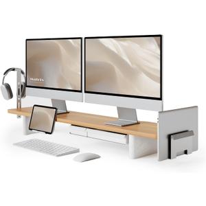 Fenge Modular Dual Monitor Stand Riser with Solid Ash Wood Leg, 42.5" Oak