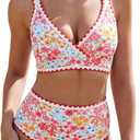 ZAFUL Womens High Waisted Bikini Sets Floral Print Whip Stitch 2 Piece Swimsuits V-Neck Crisscross Tie Back Bathing Suit, Medium