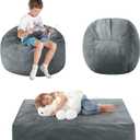 Kids Bean Bag Chair Bed - Convertible Lazy Chair to Floor Mattress with Filler - Small Beanbag Chair for Boys and Girls - Floor Couch Sofa in Bedroom, Classroom, Reading Nook - Charcoal