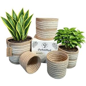 Planter Basket Set – 5-Piece Handwoven Jute Planter Basket for Home Decor, Nursery, or Indoor Plants (5'' to 8'' Diameter, 4.75'' to 7.75'' Height) – Wrinkle Free - Natural Beige with White Band