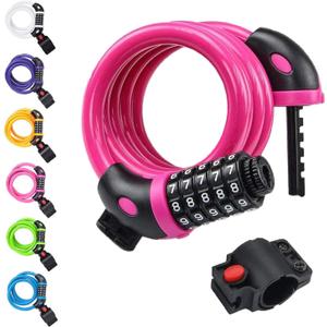 NDakter Bike Lock, 4/5.6 Feet Bicycle Cable, High Security 5 Digit Resettable Combination Coiling Bicycle Lock, Heavy Duty Anti Theft Cable with Mounting Bracket, 1/2 Inch Diameter (12mm) (Pink)