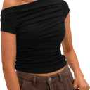 Darong Women's Summer Cap Sleeve Boat Neck Off Shoulder Top Going Out Slim Fit Tops Y2K Tight Shirts (Black, XS)
