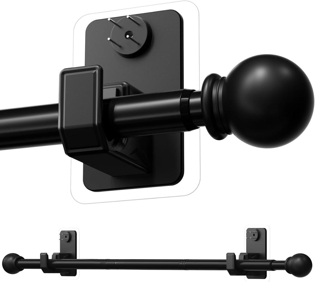 No-Drill Curtain Rod with Adhesive & Pin-Nail Mount System - Renter Friendly & Minimal Wall Damage, 5/8" Diameter Black Adjustable Rod for Windows 28 to 48 Inch