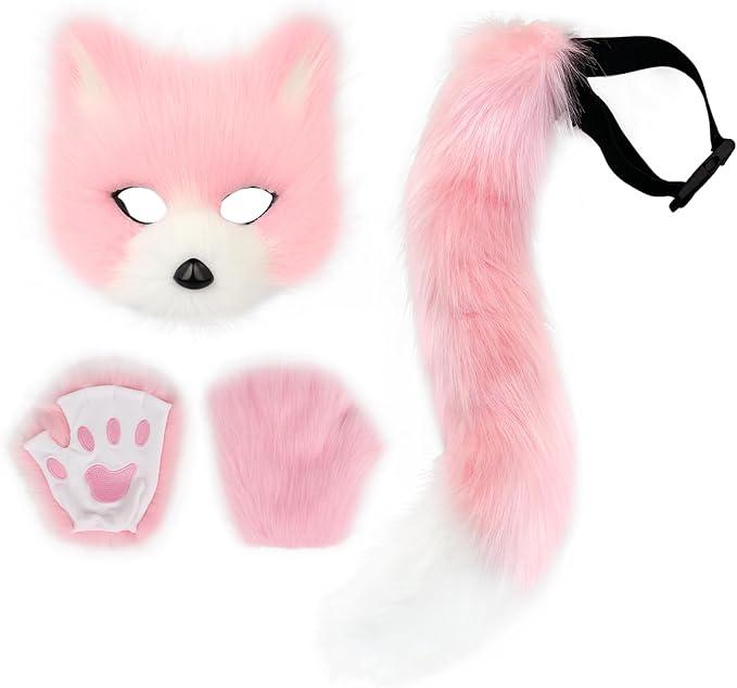 HAOAN Faux Fur Cat  Fox Tail and Paw Gloves Set Plush Halloween Parties Cosplay Costume Accessories