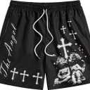 SHENHE Men's Graphic Print Drawstring Waist Shorts Casual Tie Front Straight Leg Shorts (S, Black)