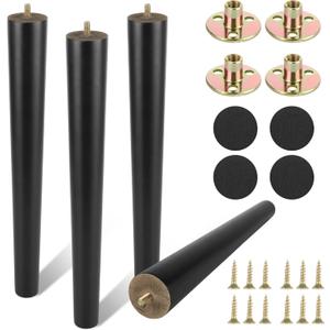 16 Inch Black Wood Table Legs, Mid Century Furniture Legs Set of 4, Round Wooden Replacement Legs for Coffee Table End Table Side Table Night Stand Tapered Desk Chair Legs, Straight