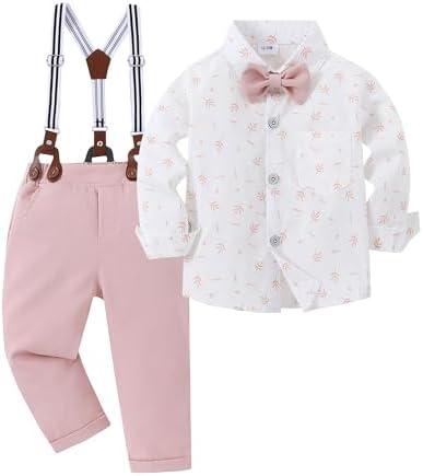 YALLET Toddler Baby Boy Clothes Suit Gentleman Wedding Outfits Formal Dress Shirt+Bowtie+Suspender Pants 18-24 M