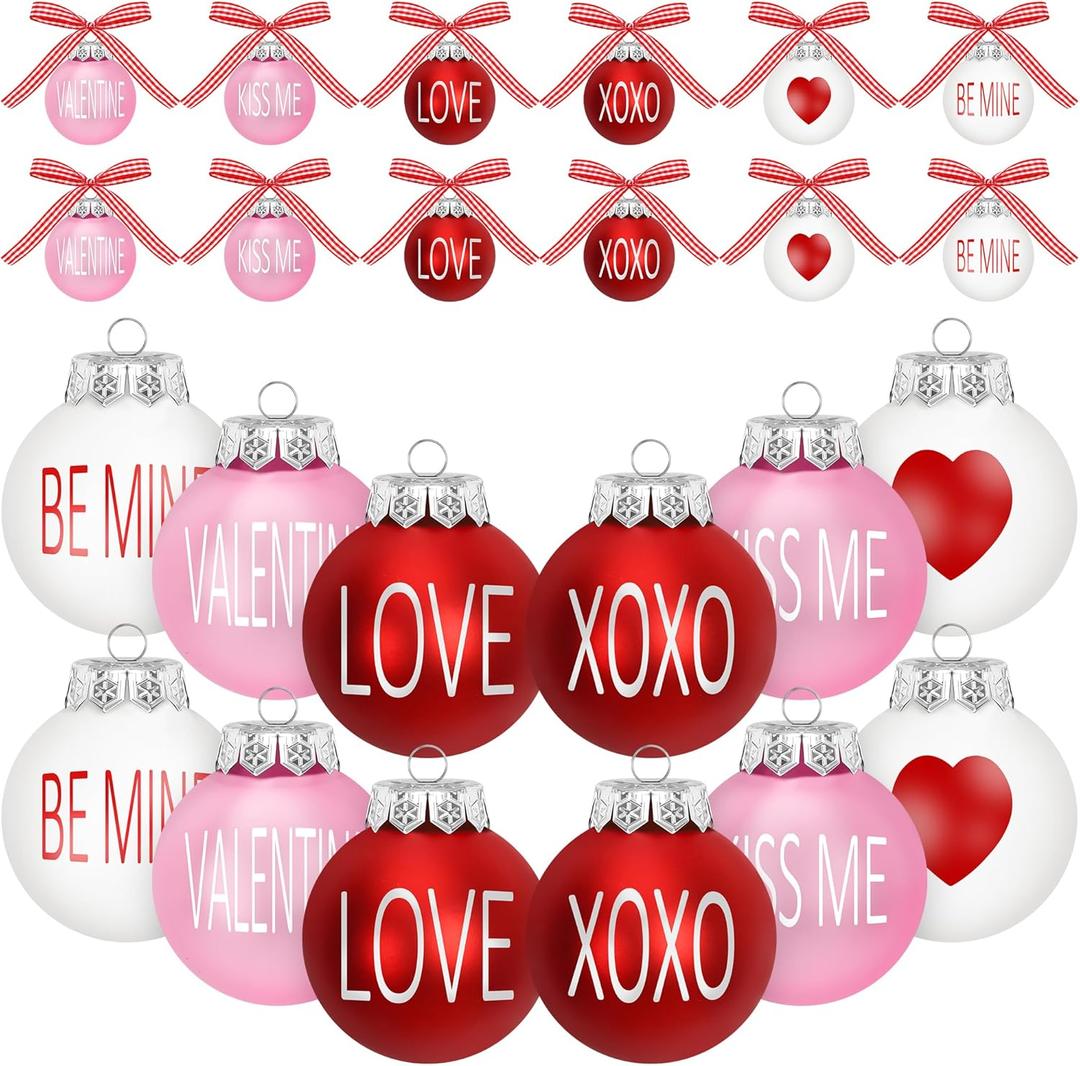 24PCS Ball Ornaments, 2.36 Inches Red Pink White Ball Shaped Ornaments, Cute Ball Hanging Baubles Decorations for Tree Love Day Wedding Christmas Party Supplies