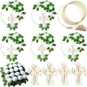 LEIFIDE 40 Pcs First Communion Decorations Baptism Table Centerpieces Decoration First Communion Wreath with 8 Gold Metal Floral Hoop Rings 8 Standing Wooden Cross and 24 Fake Roses Stems(White)