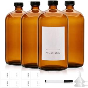 Maredash 32 oz Amber Glass Bottles – 4-Pack,Brown Glass Bottles, 2 Funnels, 8 Labels & Pen – Reusable Containers for Essential Oils, DIY Cleaning, Beer, Kombucha Storage