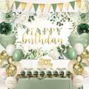 Happy Birthday Decorations For Women Men,Birthday Backdrop,Banner Balloons,Table Cloth,Paper pom poms Party Supplies for Girls Boys (Sage Green)