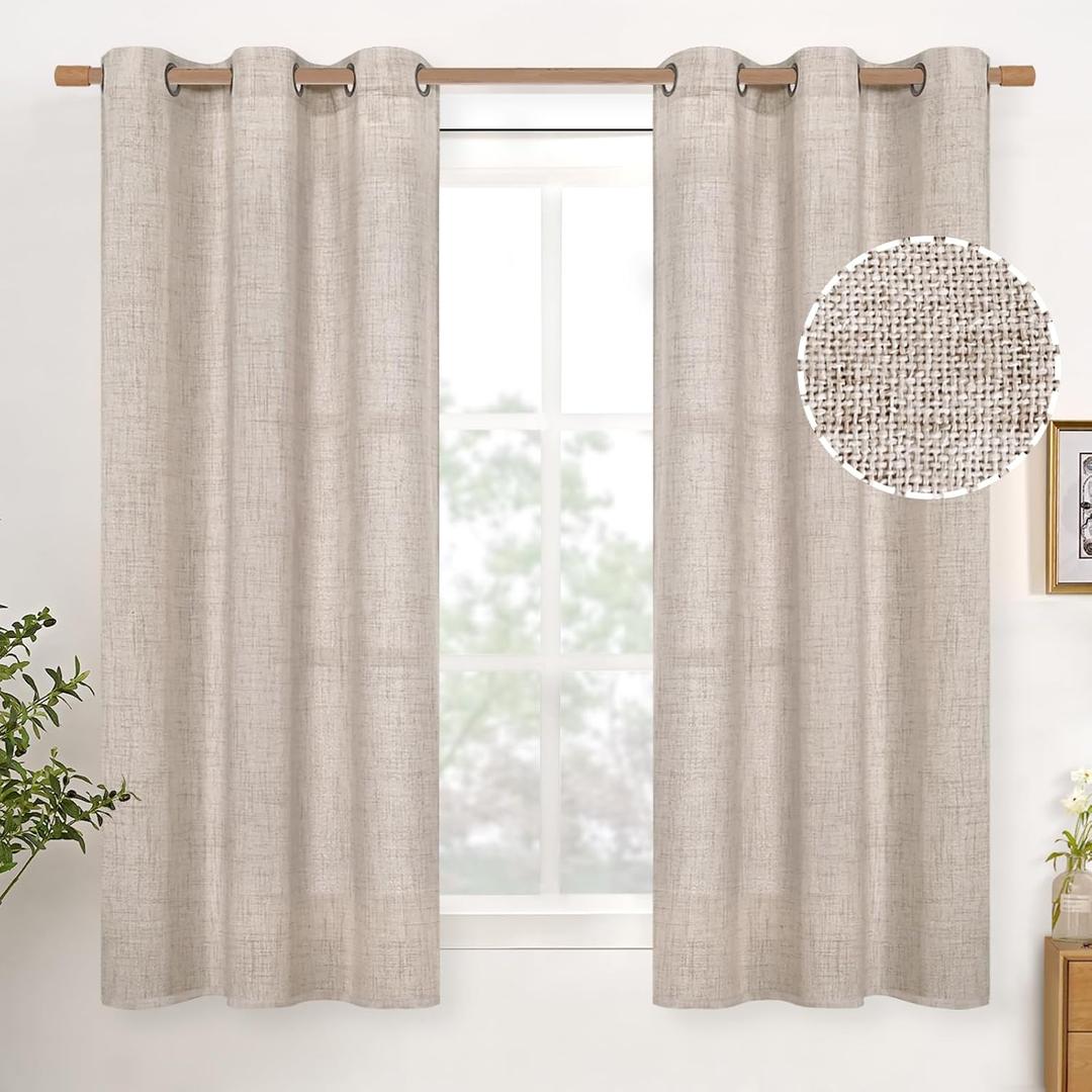 YoungsTex Natural Linen Curtains 48 Inches Length for Living Room Windows, Short Semi Sheer Drapes Light Filtering with Bronze Grommet for Bedroom, 2 Panels, 42 X 48 Inch
