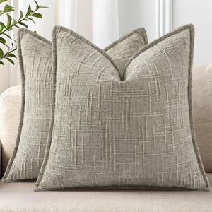 decorA home Chenille Throw Pillow Covers 20x20 Set of 2, Thick Textured Slubby Neutral Decorative Pillow Covers with Elegant Design for Couch, Sofa, Living Room, Light Brown