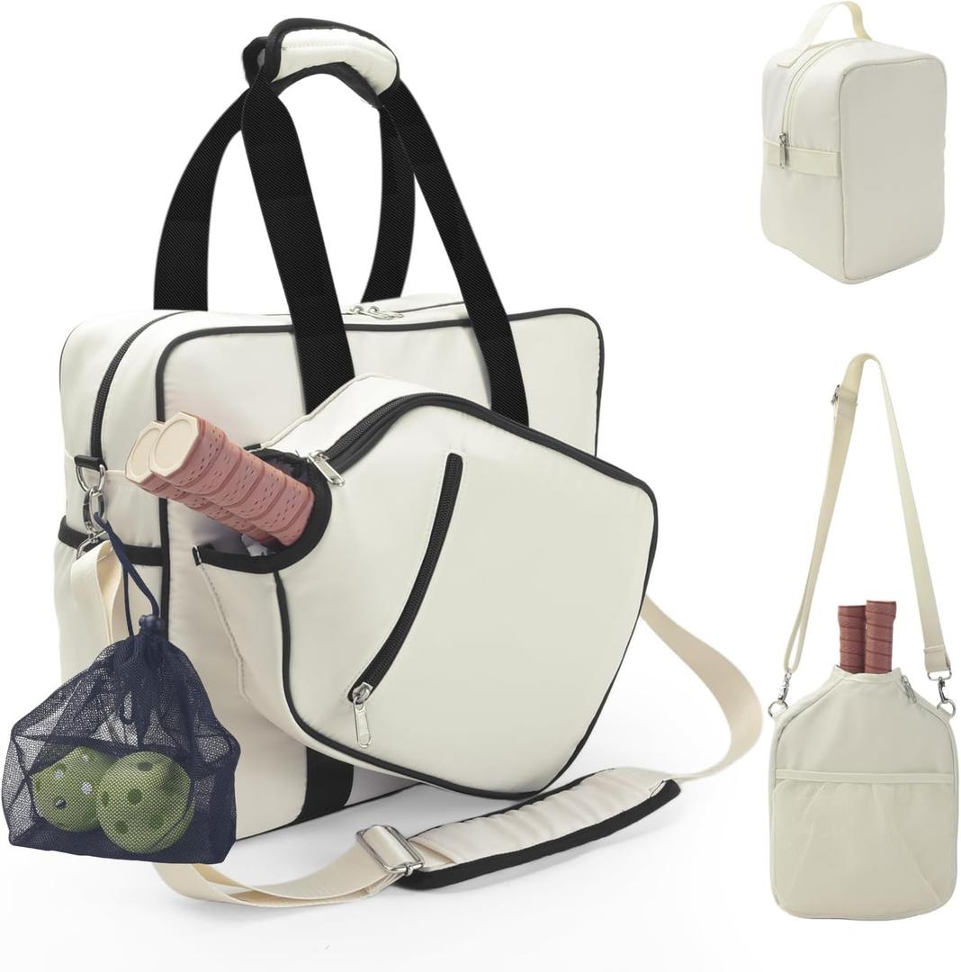 LAKE OF FIRE Pickleball Bag for Women Men,Stylish Nylon Water-Resistant Pickleball Paddle Bag Large Capacity Crossbody Bags (Off-white 3 Piece Set)