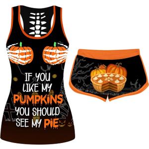 Women's Halloween Sleeveless Tank Top Set If You Like My Pumpkin Printing Drawstring Shorts Stretch Bottoms Suits (Orange-1)