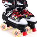 Kids Roller Skates, 4 Size Adjustable Quad Skates with All Light Up Wheels, 10C to 8 Rollerskates for Toddlers, Beginners, Boys, Girls, Outdoor, Indoor (Black)