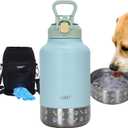 GiNT 37oz Insulated Stainless Steel Dog & Human Water Bottle | Leakproof Travel Dispenser with Detachable 10oz Bowl, 24H Cold/12H Hot, Carrying Case for Walking, Hiking,Camping & Outdoor Travel(Green)