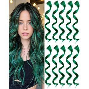 10 PCS Dark Green Clip-in Curly Wavy Synthetic Hair Extensions, Rainbow Neon Party Highlights, Colorful Hair Accessories for Kids, Girls, Women, 17 Inch