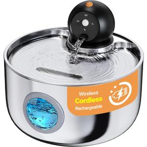 Wireless Cat Water Fountain Cordless: Stainless Steel Cat Fountains for Drinking - 88oz/2.6L Battery Operated Pet Water Fountain Indoor with Motion Sensor - Rechargeable Automatic Water Dispenser